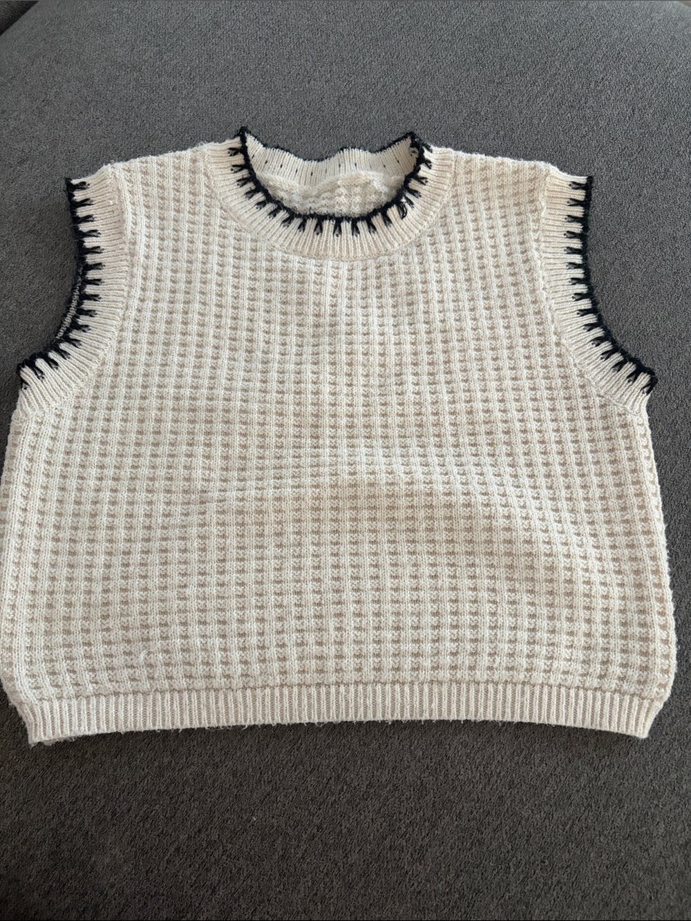 Altar'd State Cream Sleeveless Knit Sweater with Black Trim